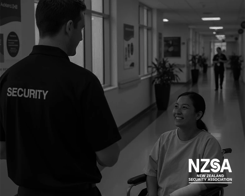 Black and white image of security officer chatting with patient in a hospital setting.