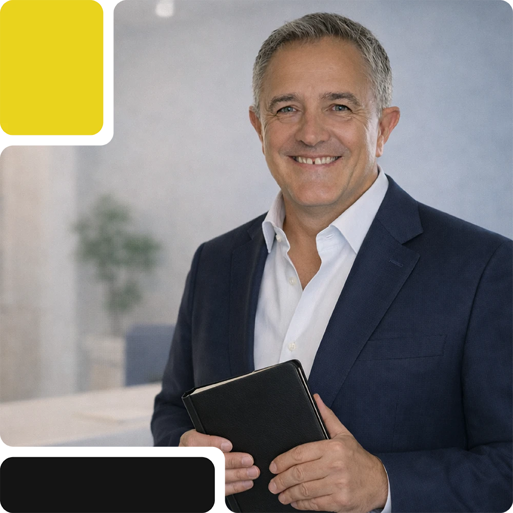 Brent Mulholland, the founder of Driveforce Group holding a notebook and facing the camera smiling. A yellow block and a black block of colour appear in each corner.
