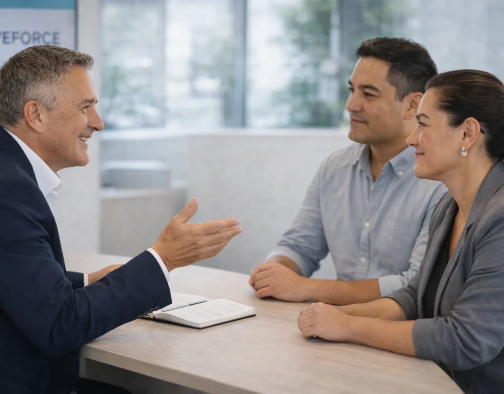 Company founder meeting with two clients at a desk, speaking and gesturing while they listen, in a modern office with soft natural light.