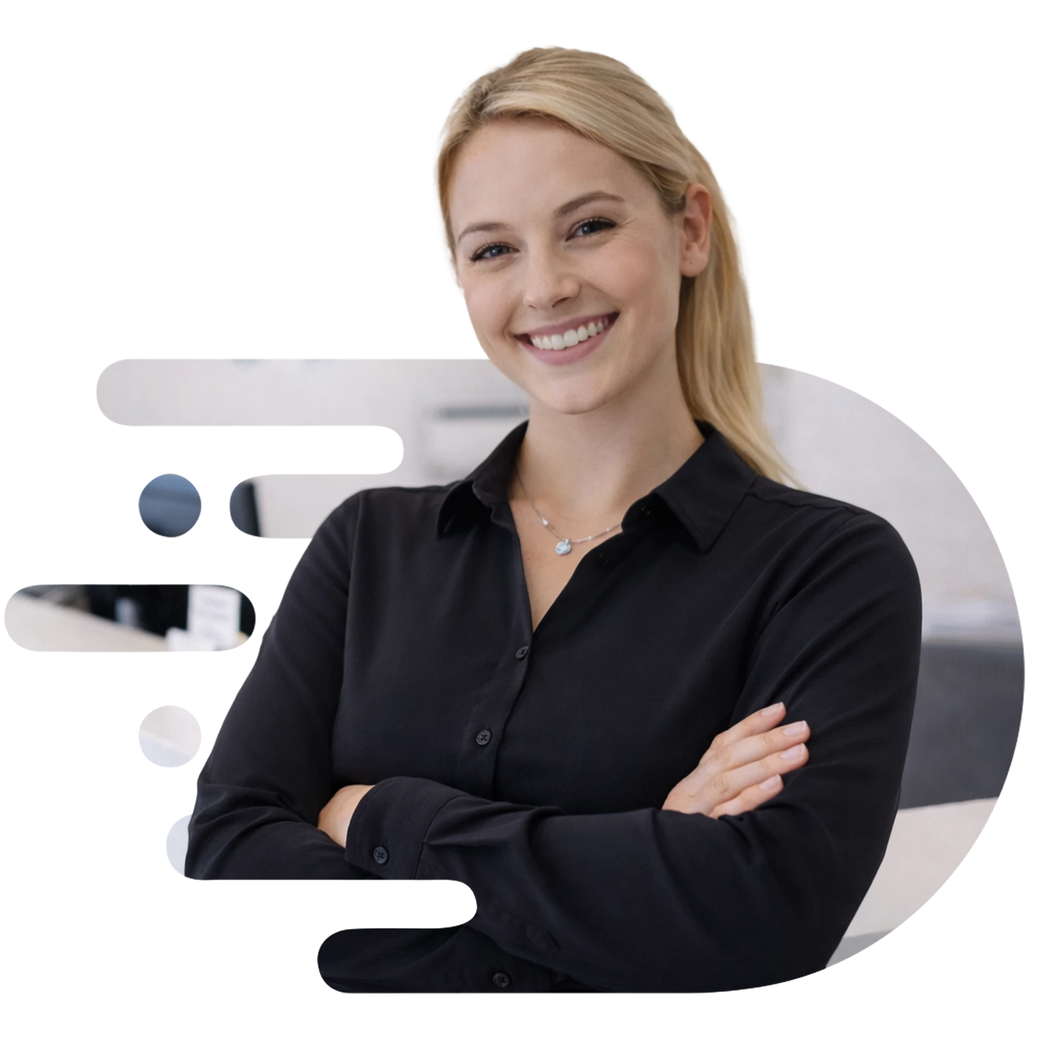 Middle-aged brunette receptionist in a fitted black shirt standing behind a reception desk, smiling as she shakes hands with a client whose face is out of frame, in a warm, natural-toned reception area with soft lighting and wooden finishes