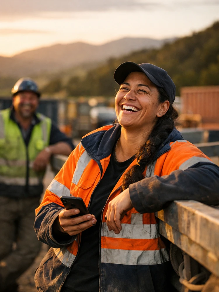 Smiling Māori woman in hi-vis workwear at a construction site during golden hour.